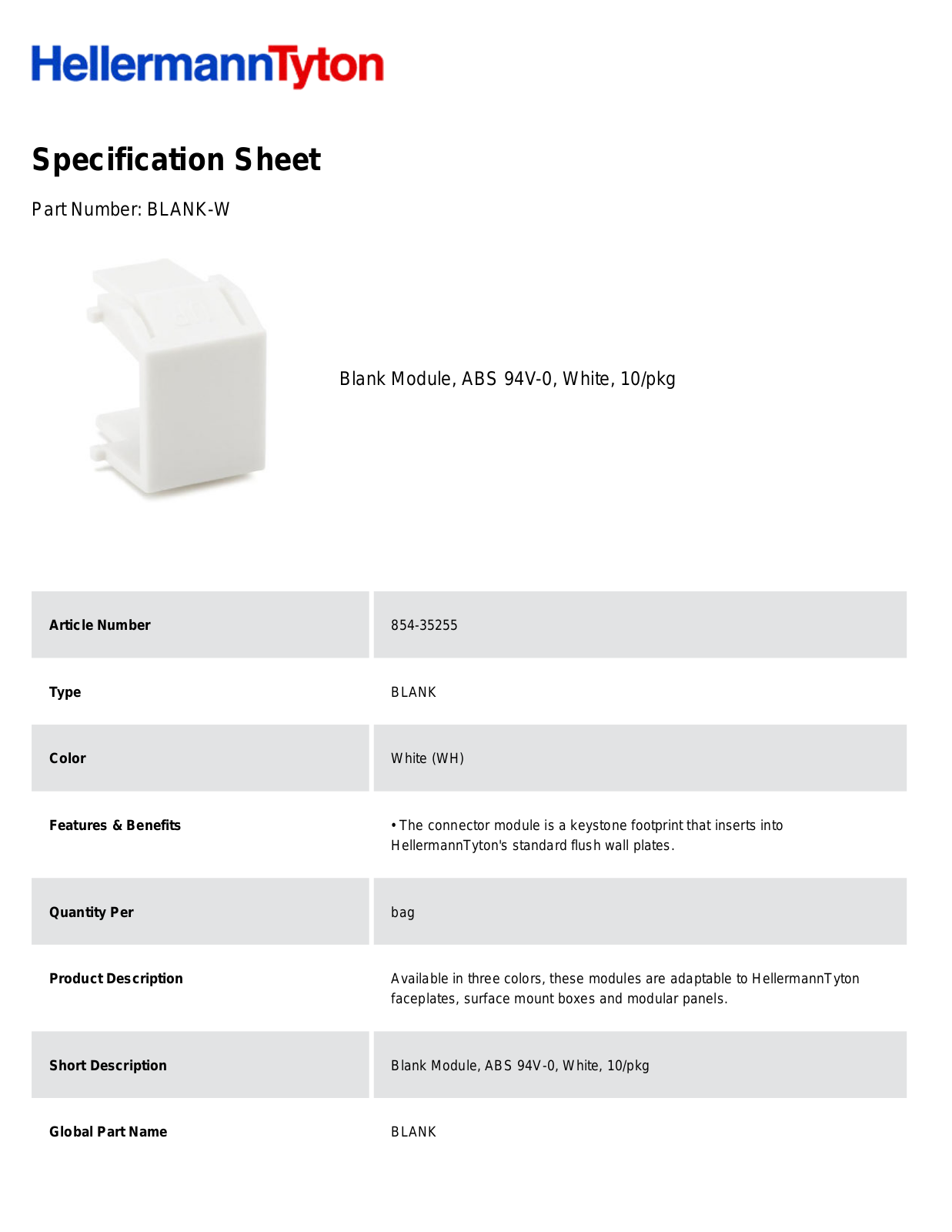 HellermannTyton BLANK-W Specification Sheet