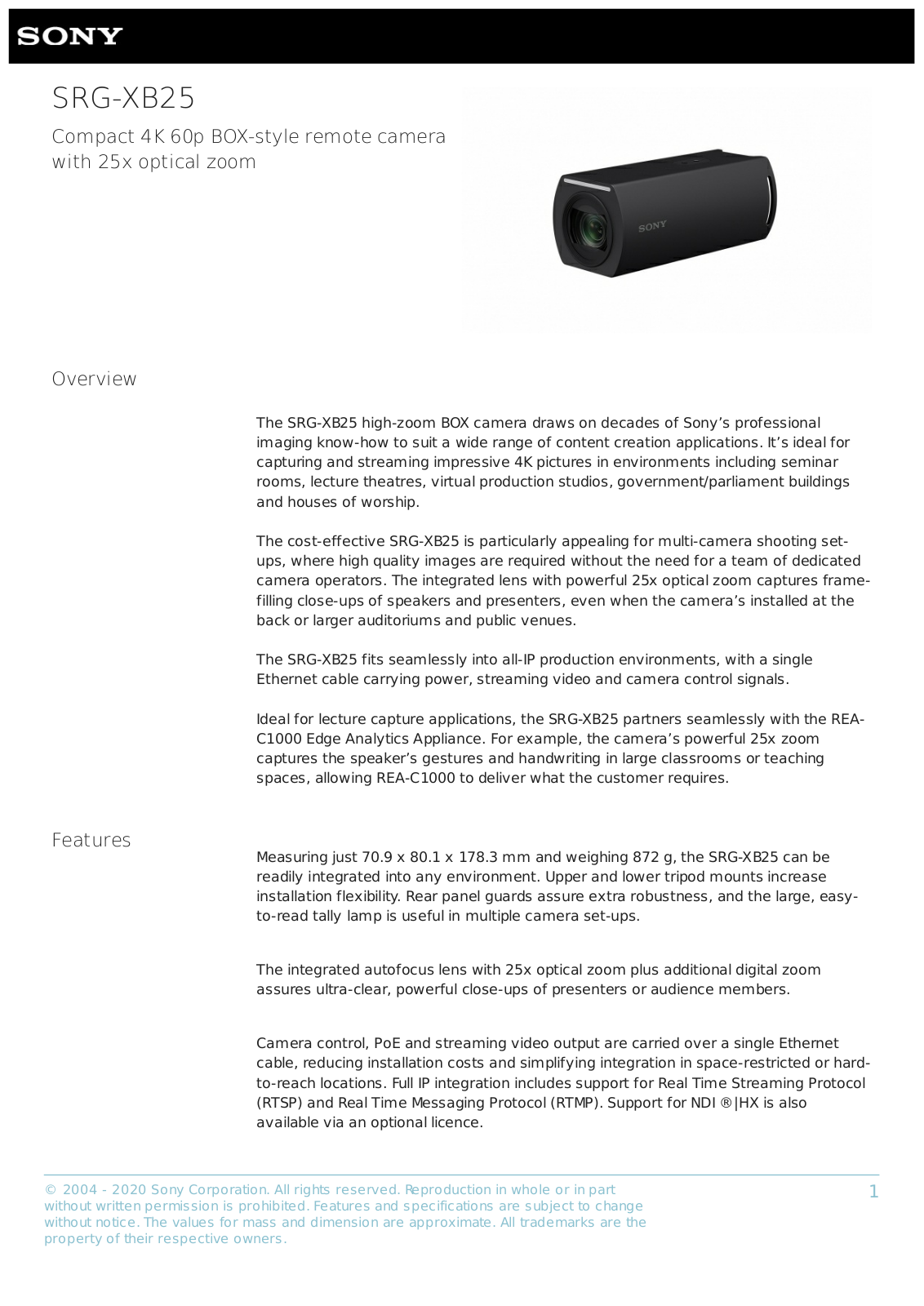 Sony SRG-XB25W Product Data Sheet