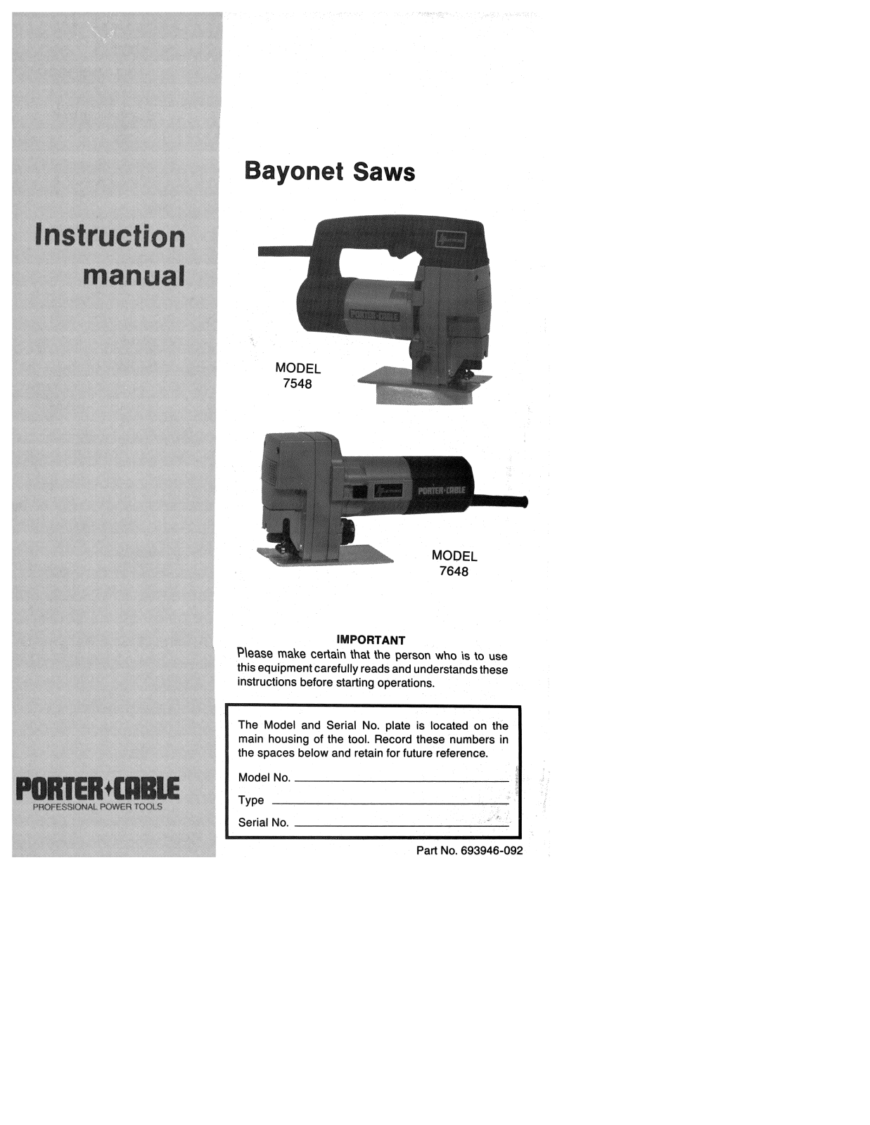 Porter-Cable SAWS 7548, SAWS 7648 User Manual