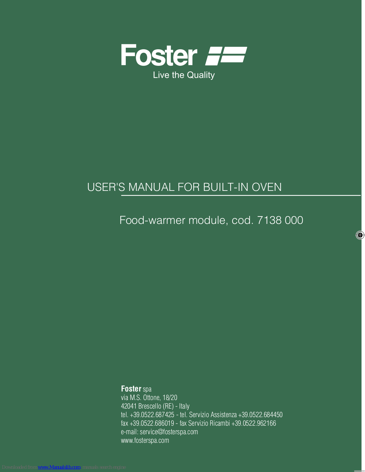 Foster cod. 7138 000, 7138 000 User Manual