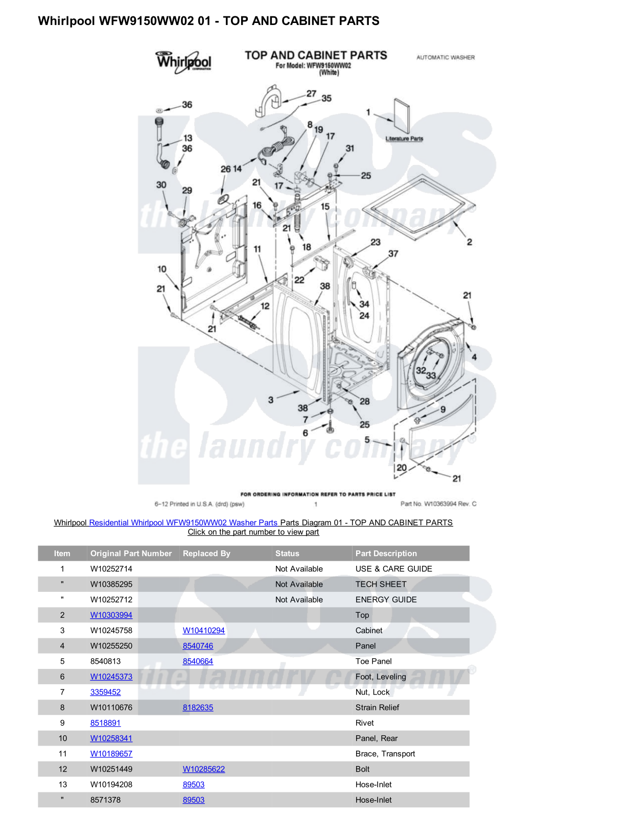 Whirlpool WFW9150WW02 Parts Diagram