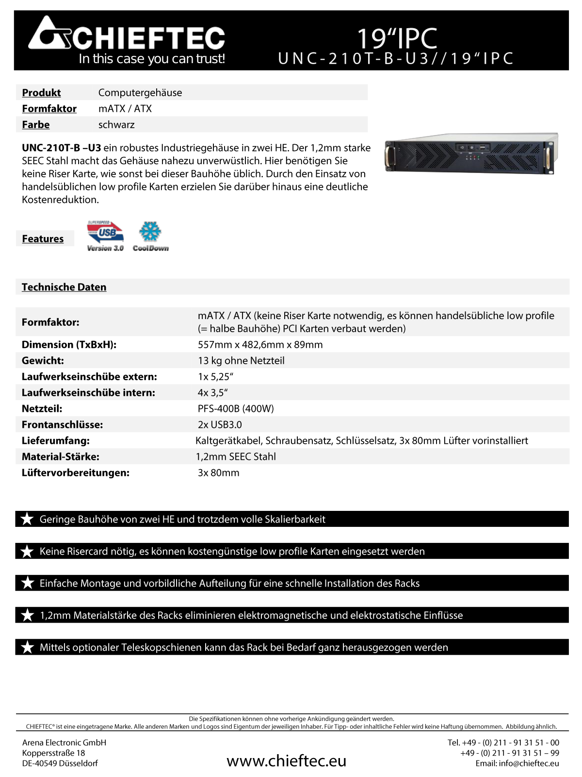 Chieftec UNC-210T-B-U3, 2U, 400W ATX User Manual