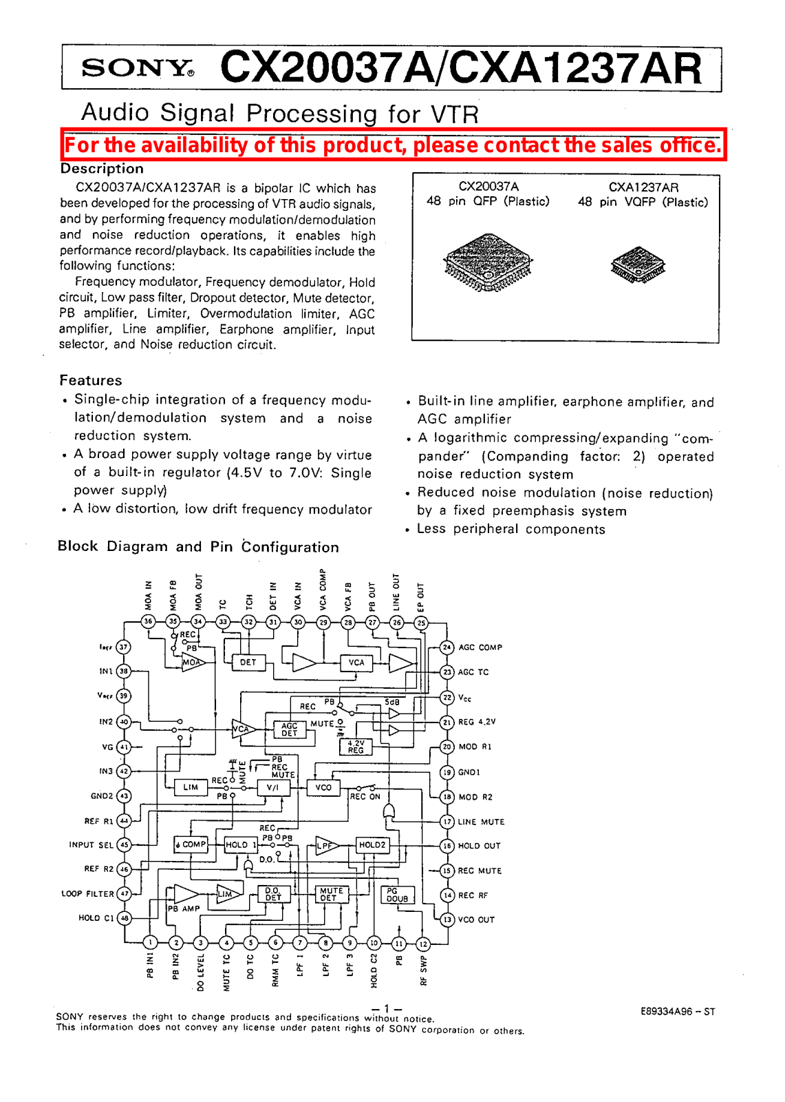 Sony CXA1237AR, CX20037A Datasheet