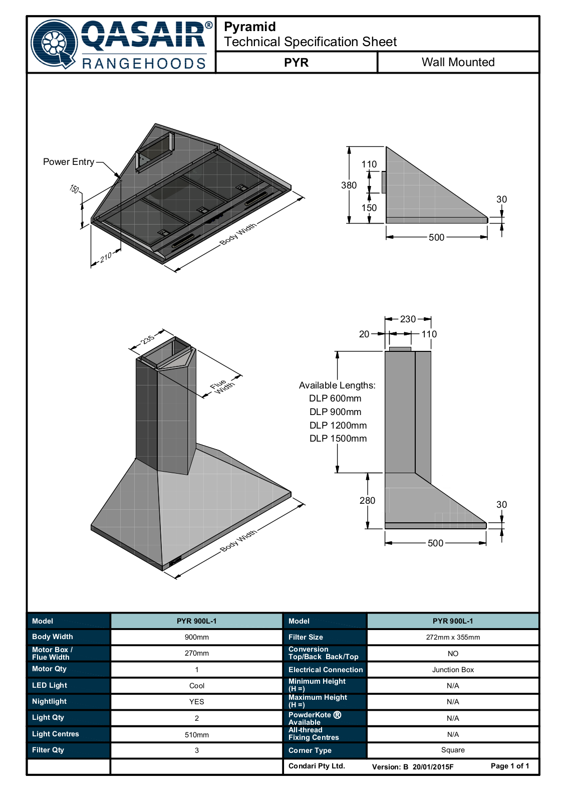 Qasair PYR900L1B, PYR900L1T Specifications Sheet