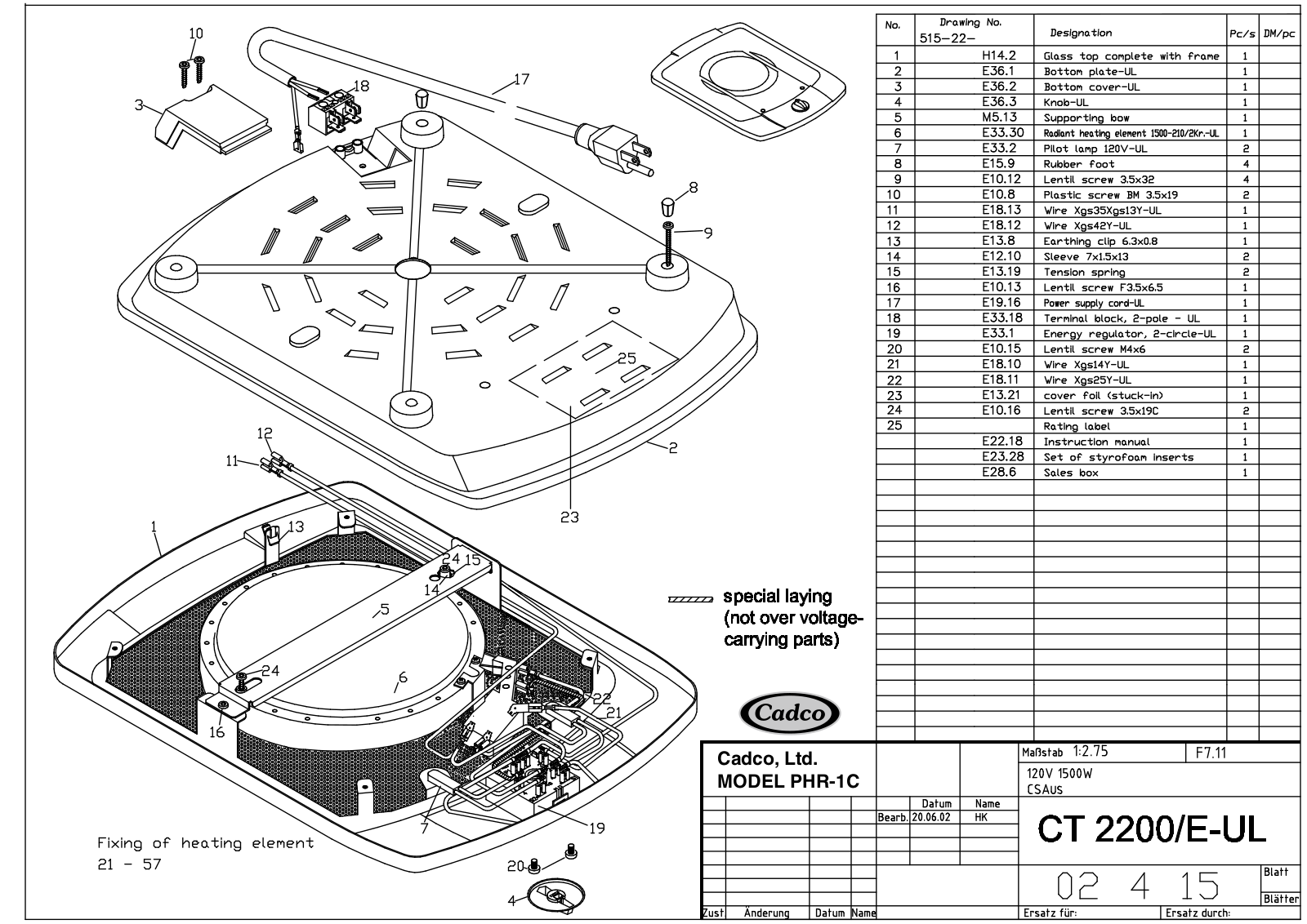 Cadco PHR1C Parts Diagram