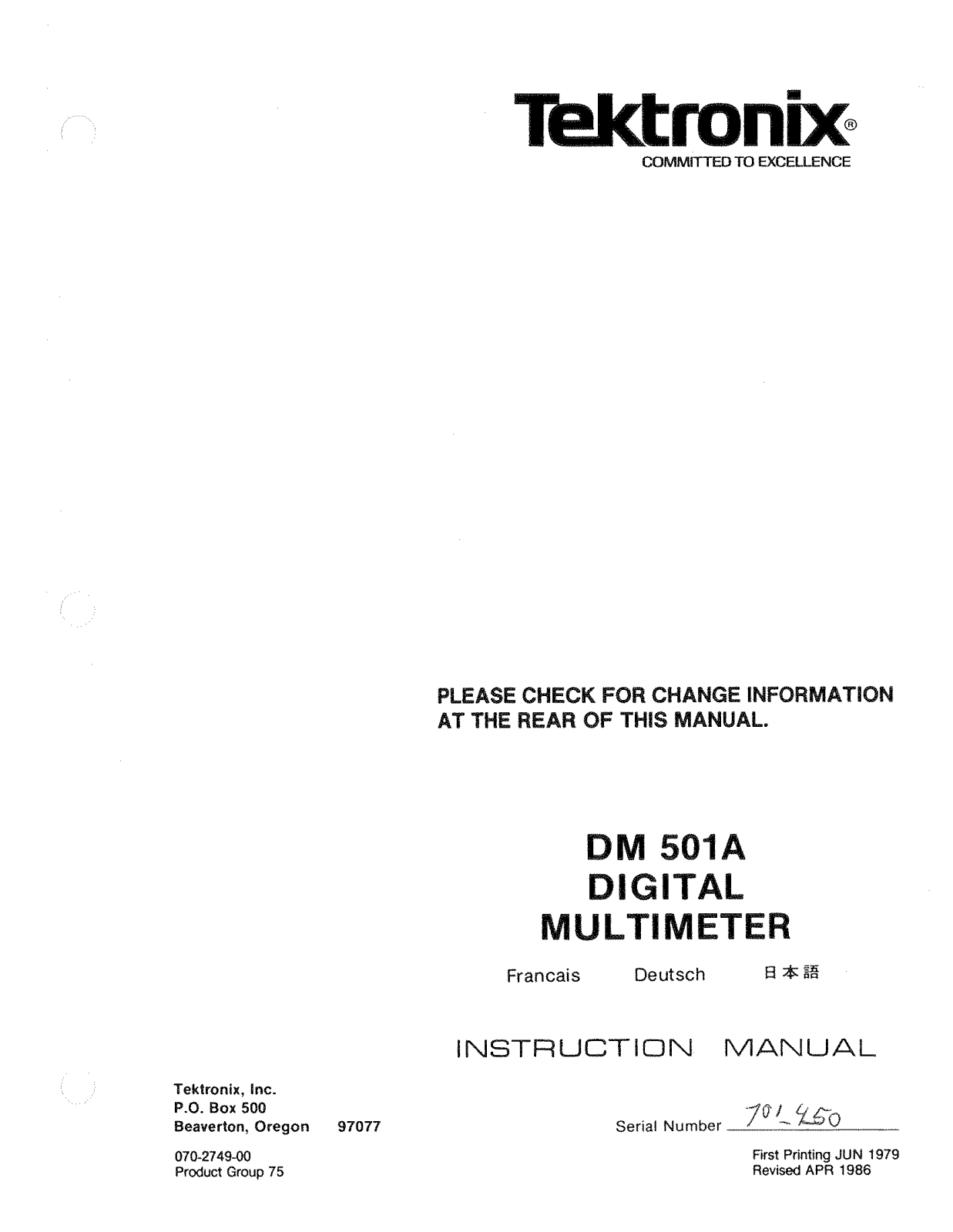 Tektronix DM 501A User Manual