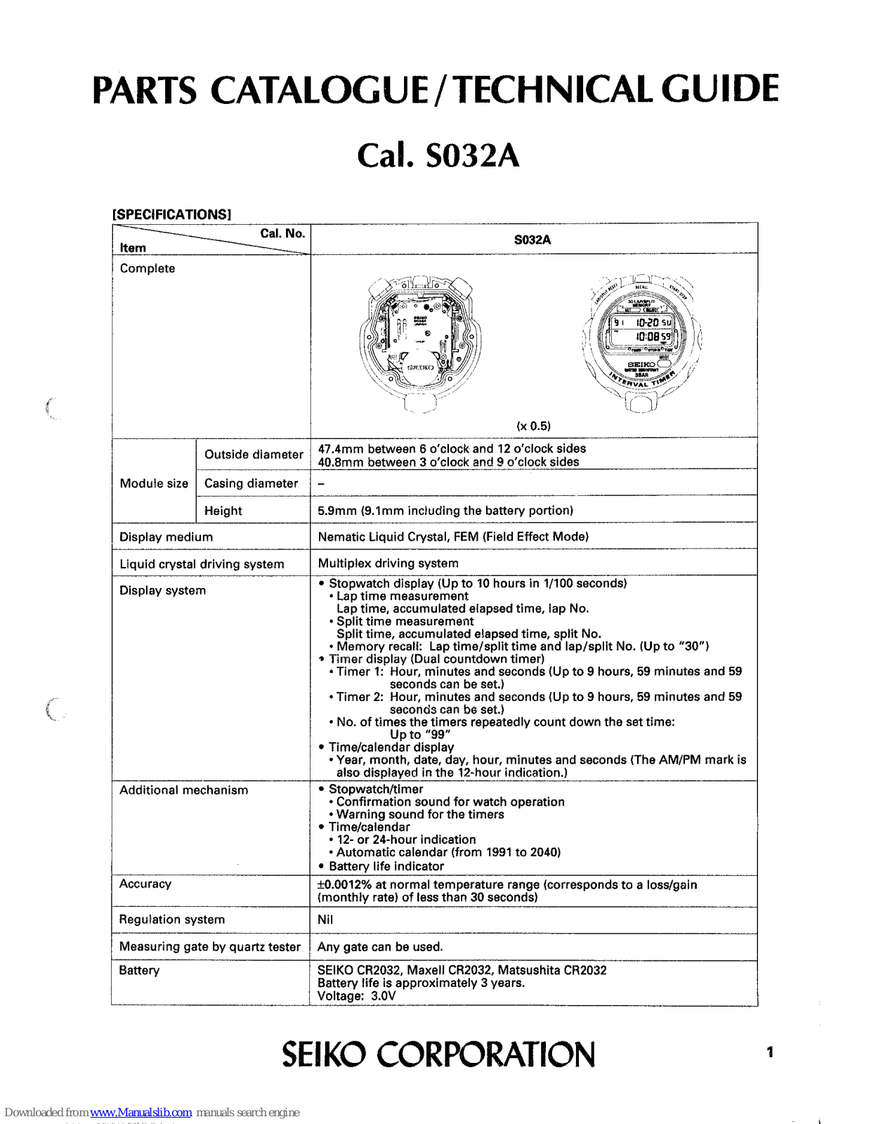 Seiko S032A Parts Catalogue /technical Manual