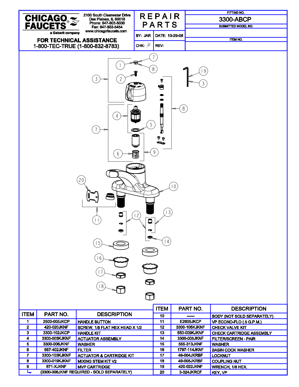 Chicago Faucet 3300-AB Parts List