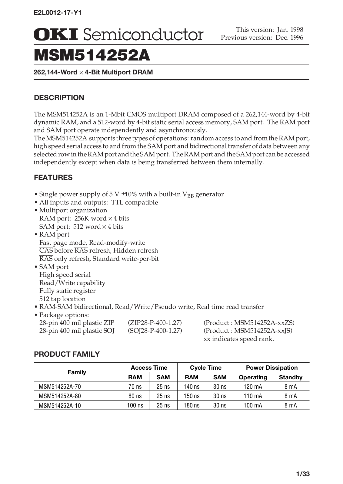 OKI MSM514252A-80JS, MSM514252A-10JS, MSM514252A-10ZS, MSM514252A-70JS, MSM514252A-70ZS Datasheet