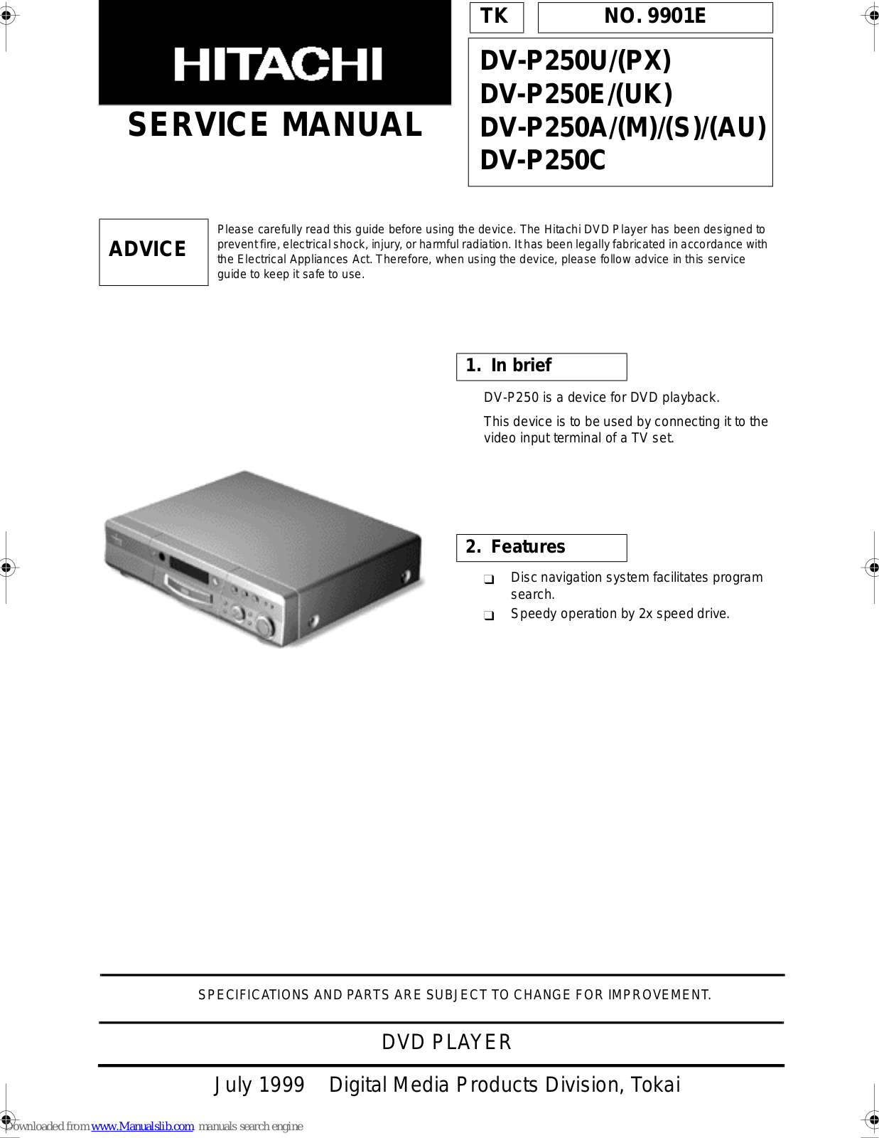 Hitachi DV-P250U/PX, DV-P250E/UK, DV-P250A/M, DV-P250A/S, DV-P250A/AU Service Manual