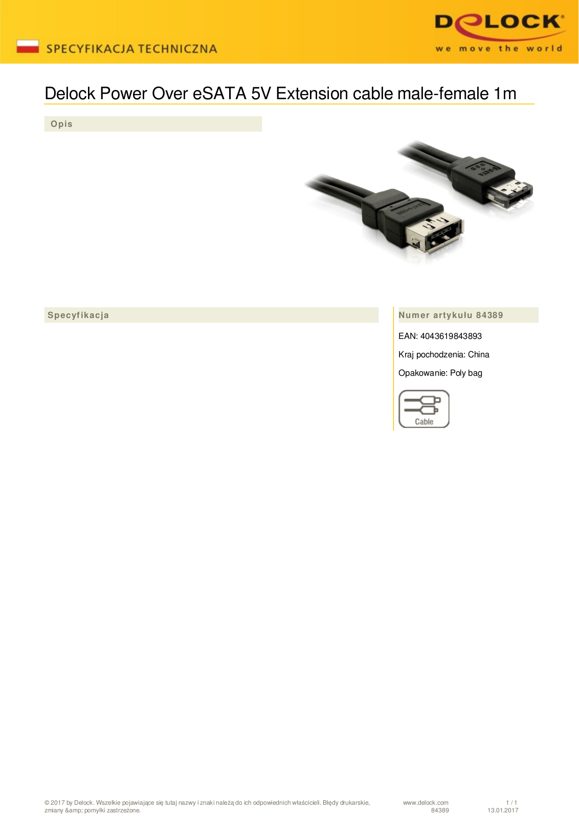 DeLOCK Power Over eSATA  eSATAp  extension cable 1m User Manual