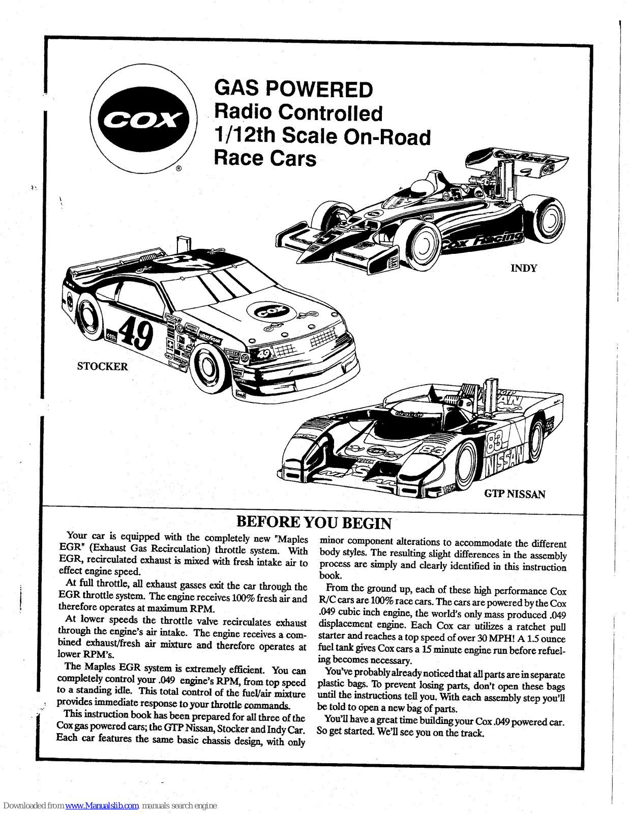 COX INDY, STOCKER, GTP NISSAN User Manual