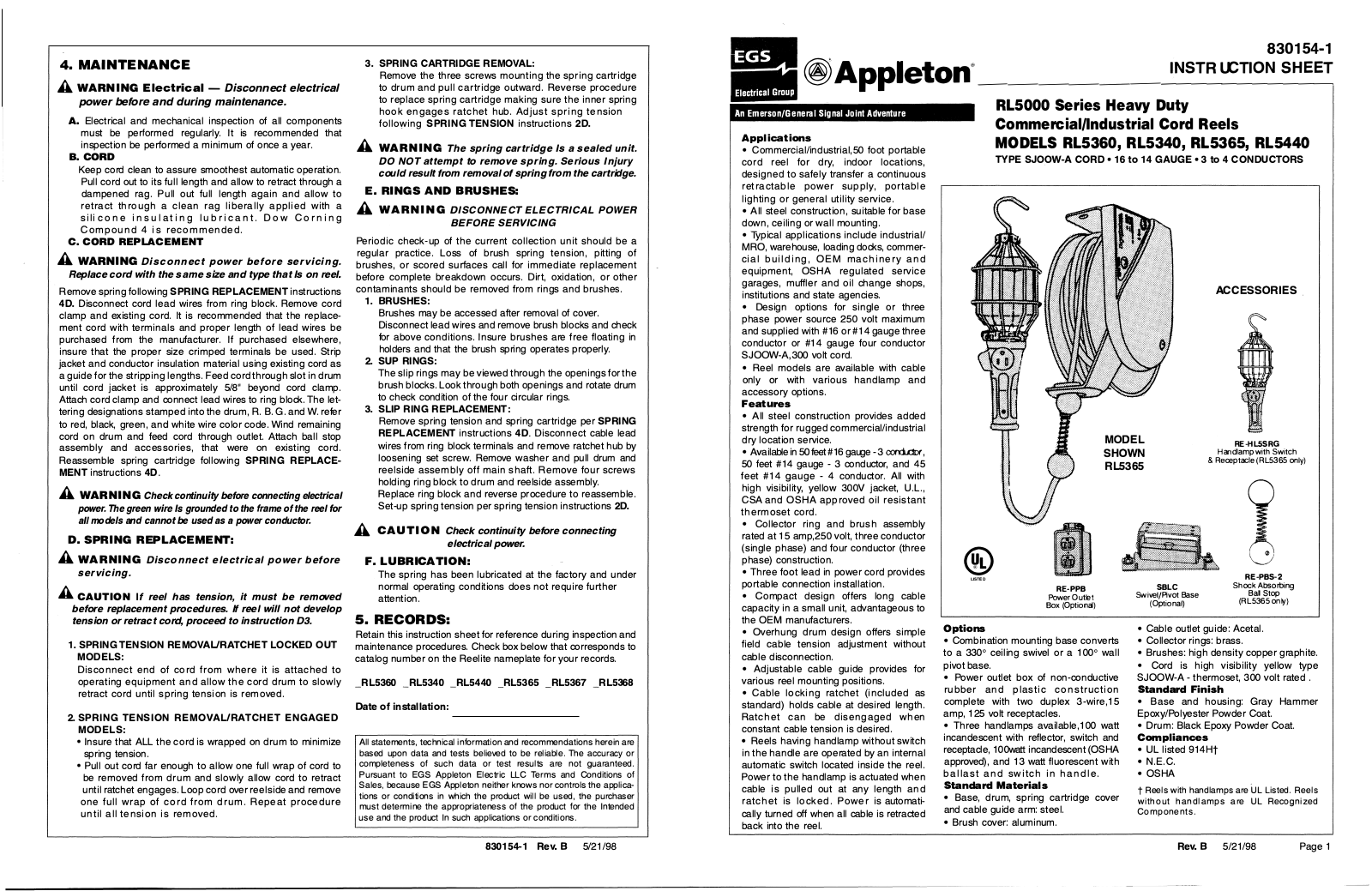 Appleton RL5360, RL5340, RL5365, RL5440 Instruction Sheet