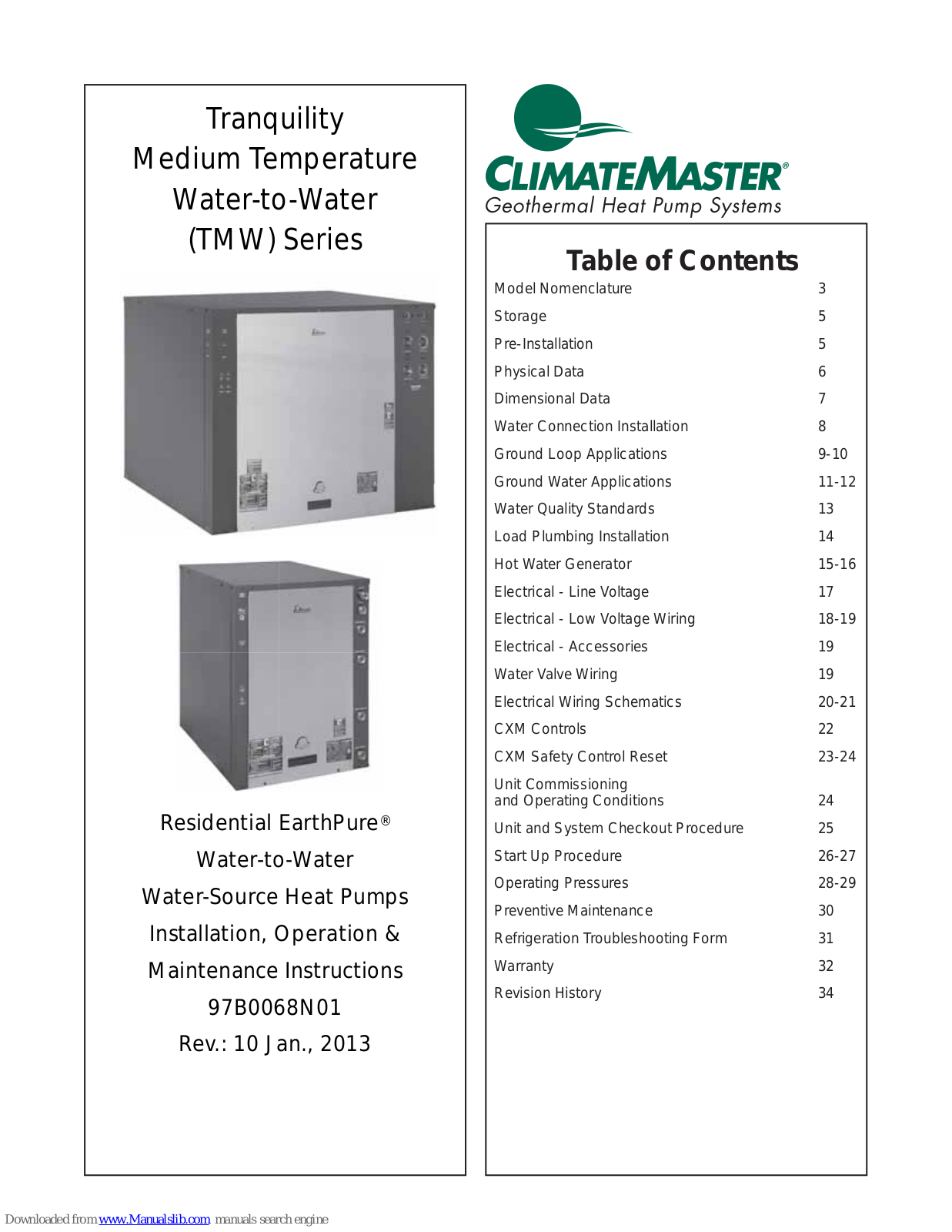 ClimateMaster TMW036, TMW060, TMW120, tranquility 060, tranquility 036 Installation, Operation & Maintenance Instructions Manual