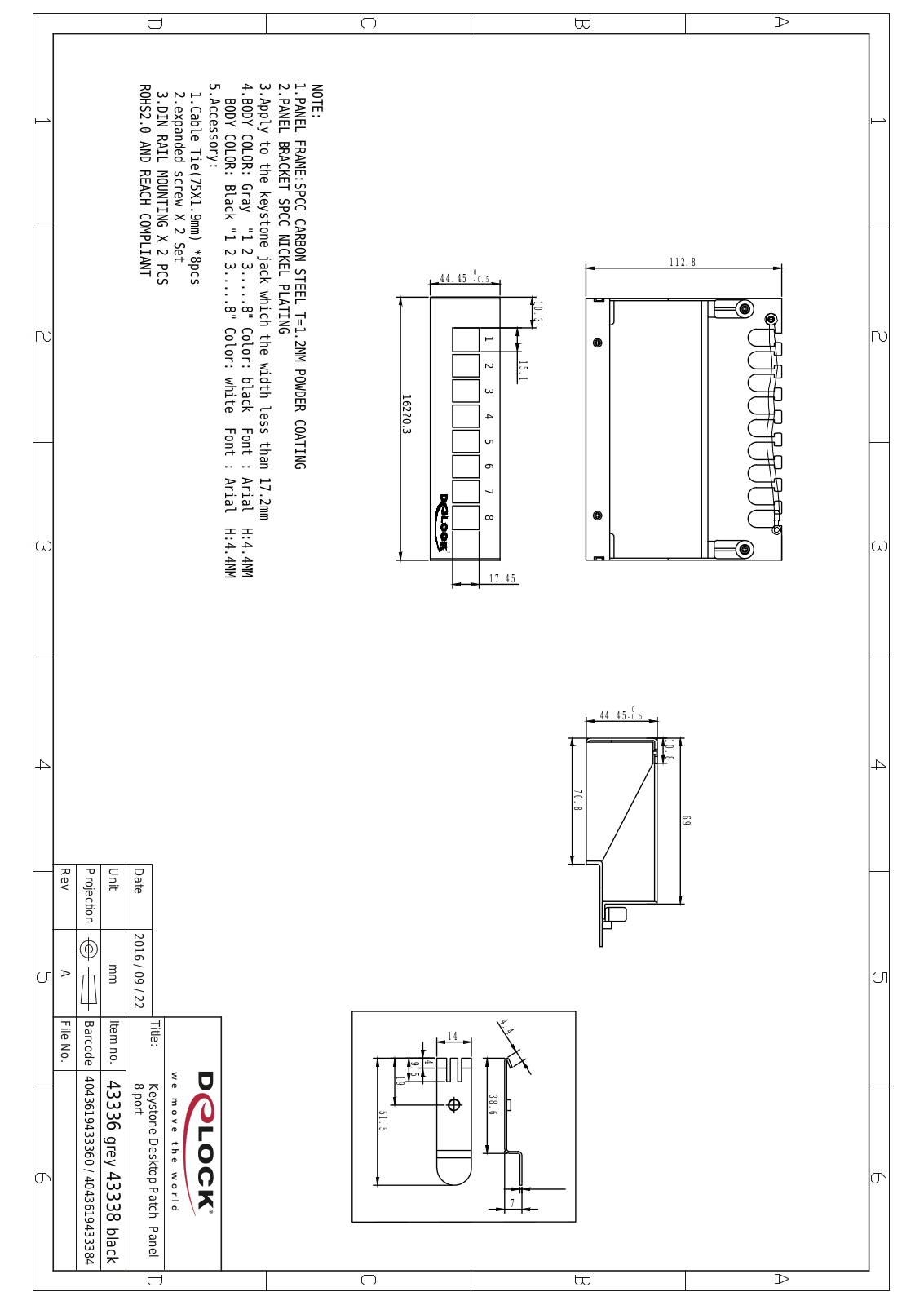 DeLOCK Keystone Desktop panel krosowniczy czarny, ekranowany, 8-portowy, Box Dimensional drawing