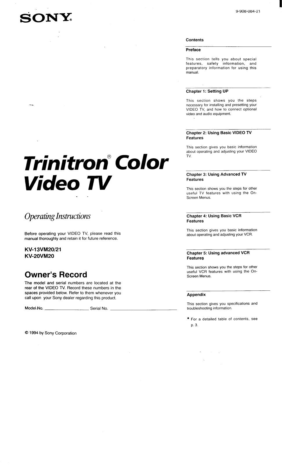 Sony KV-13VM20 Operating Manual