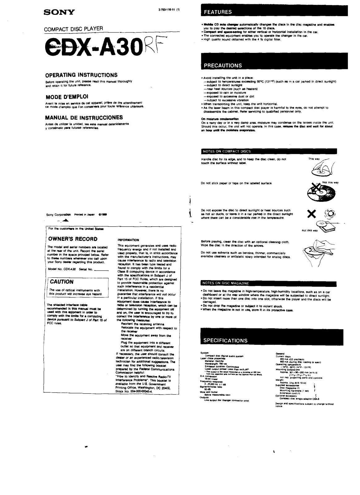 Sony CD-XA30RF User Manual