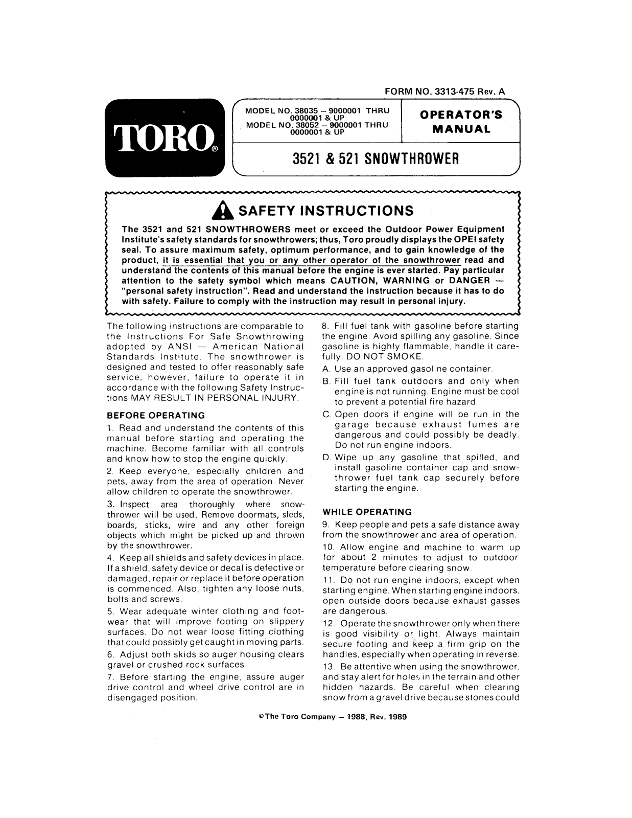 Toro 38035, 38052 Operator's Manual