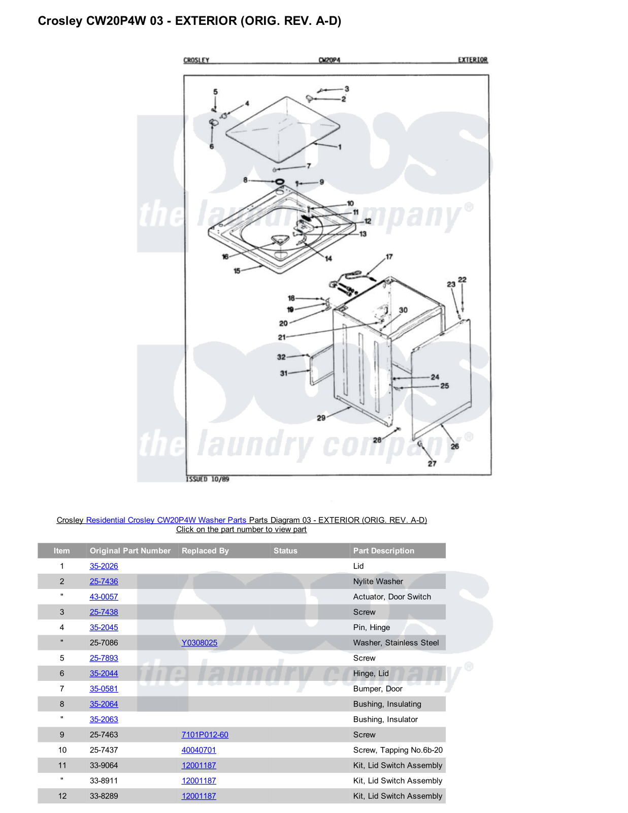 Crosley CW20P4W Parts Diagram