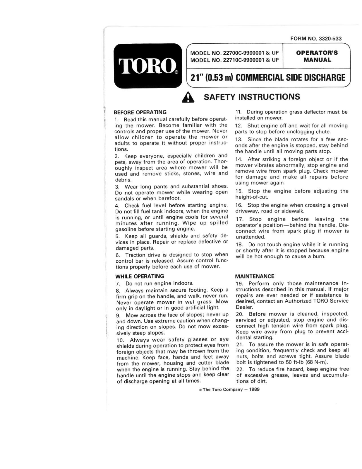 Toro 22700C, 22710C Operator's Manual