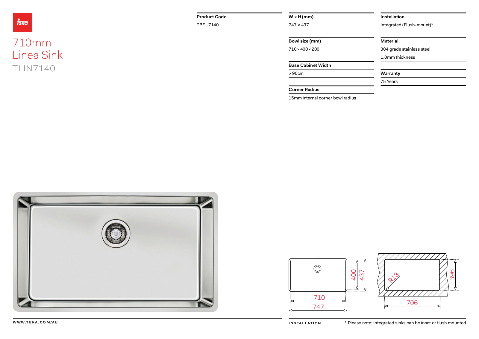 Teka TLIN7140 Specifications Sheet