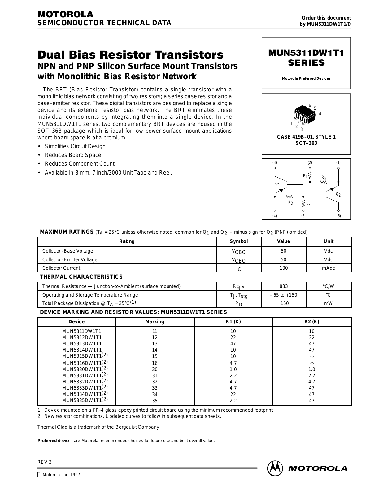 Motorola MUN5311DW1T1, MUN5312DW1T1, MUN5313DW1T1, MUN5314DW1T1, MUN5331DW1T1 Datasheet