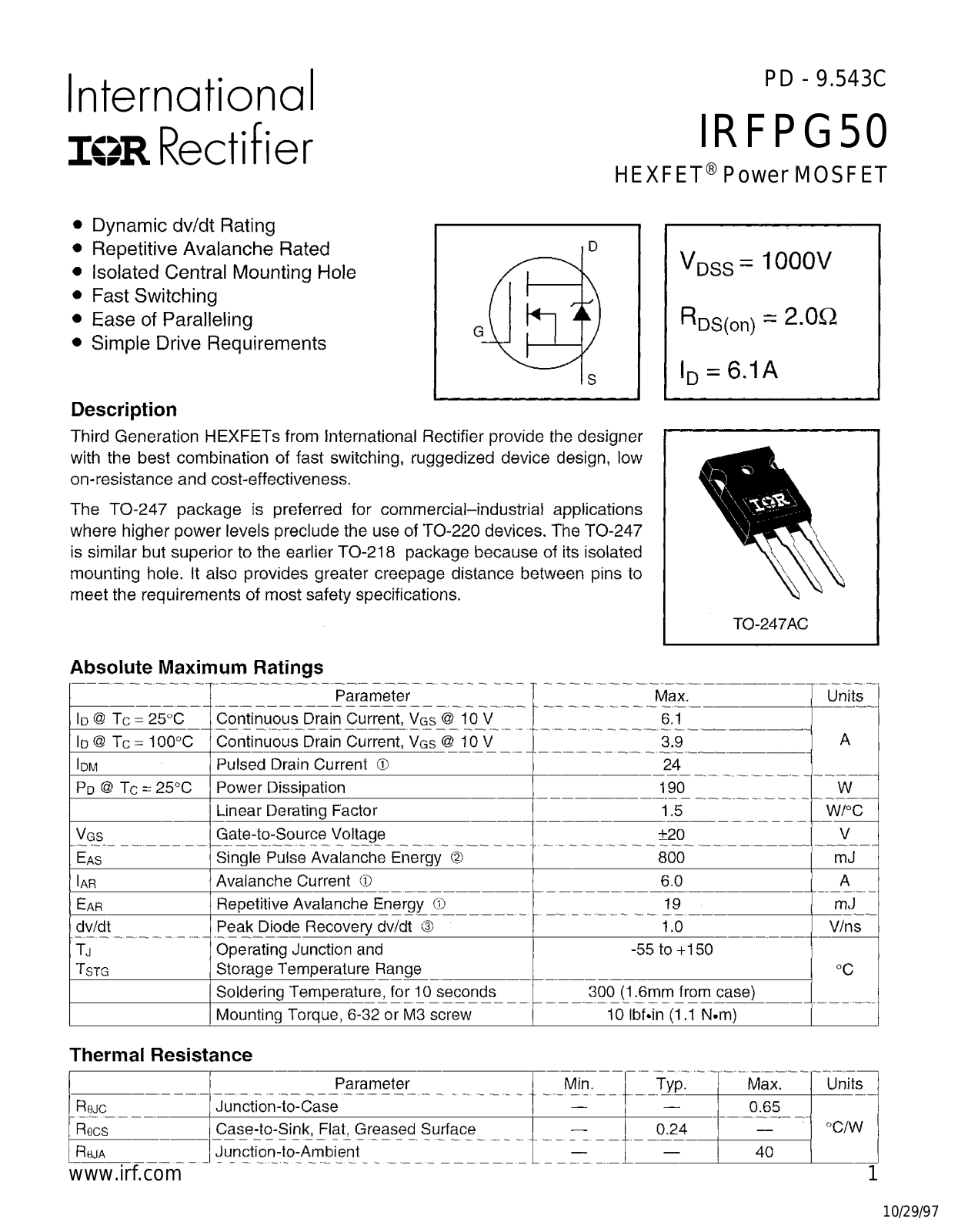 Datasheet IRFPG50 Datasheet (International Rectifier) - ManualMachine.com