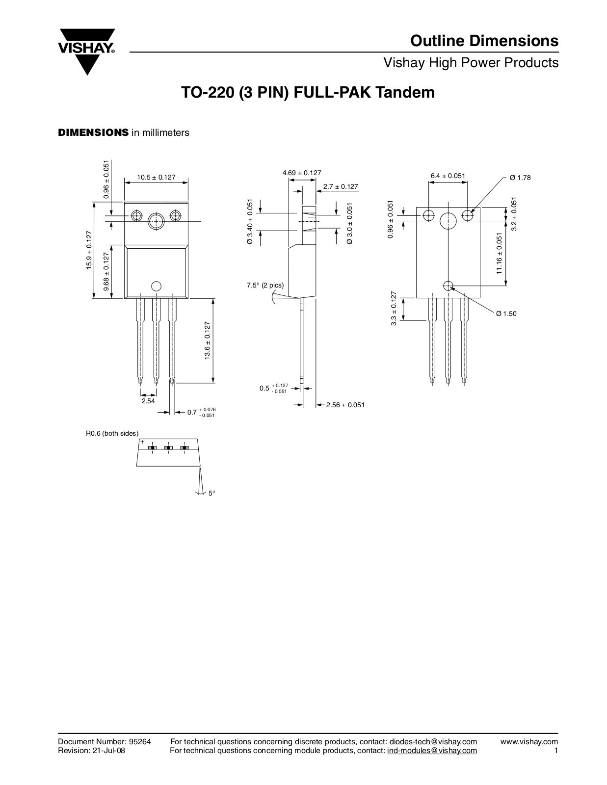 Vishay TO-220 (3 PIN) FULL-PAK Tandem Dimensional Sheet