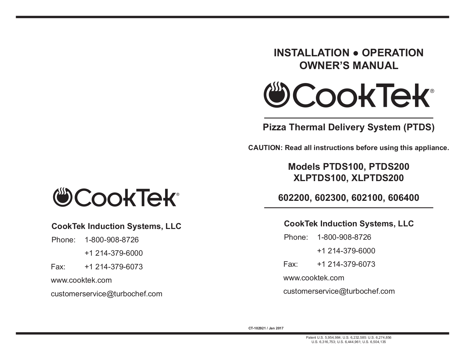 CookTek PTDS100, XLPTDS100, XLPTDS200, PTDS200 User Manual