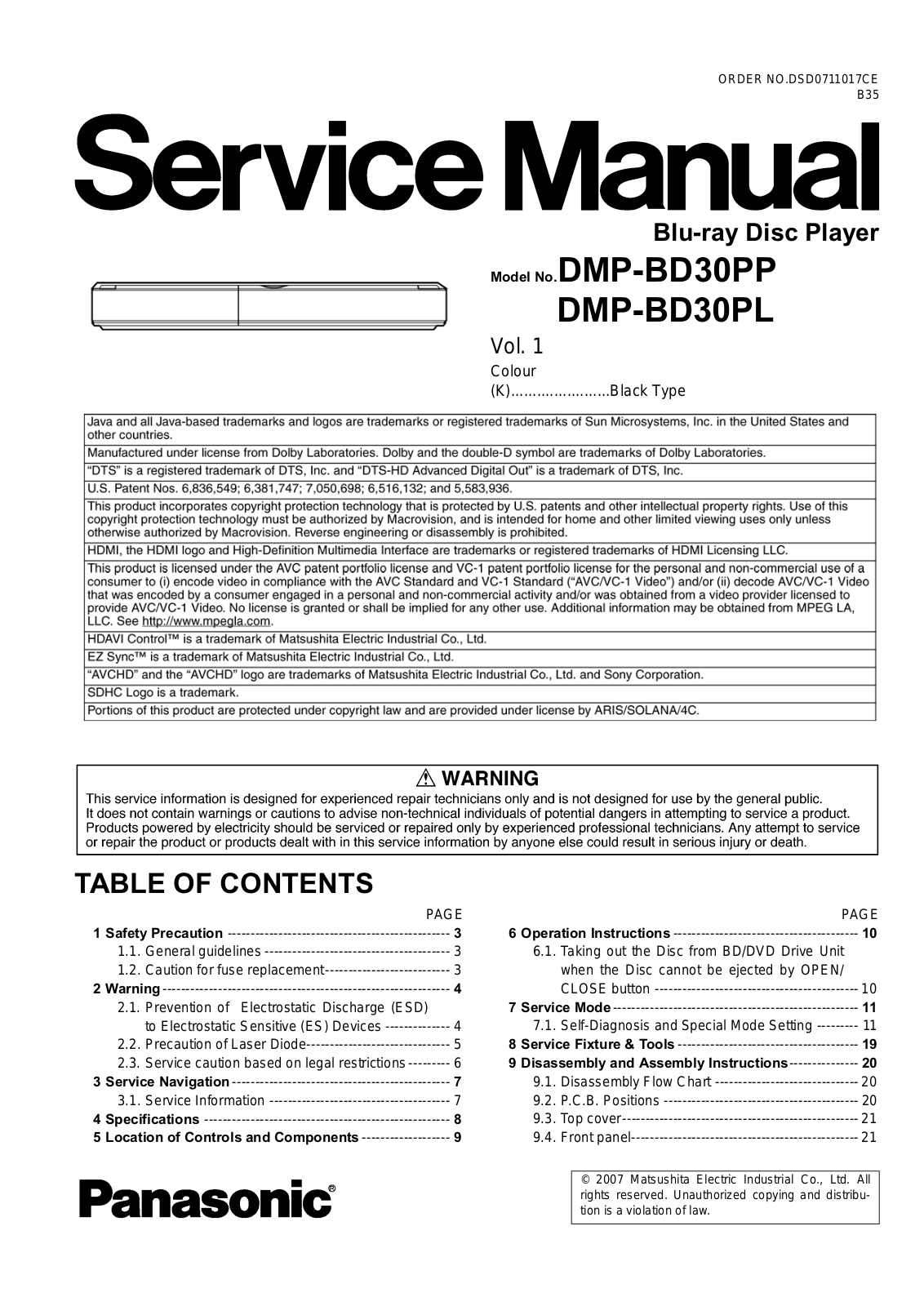 Panasonic DMPBD-30, DMPBD-30-PL, DMPBD-30-PP Service manual