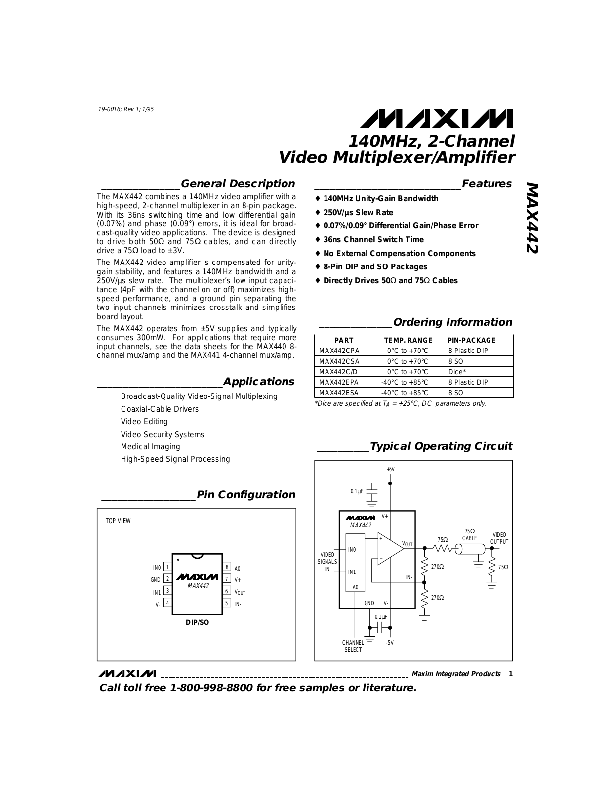 Maxim MAX442ESA, MAX442EPA, MAX442CSA, MAX442CPA, MAX442C-D Datasheet