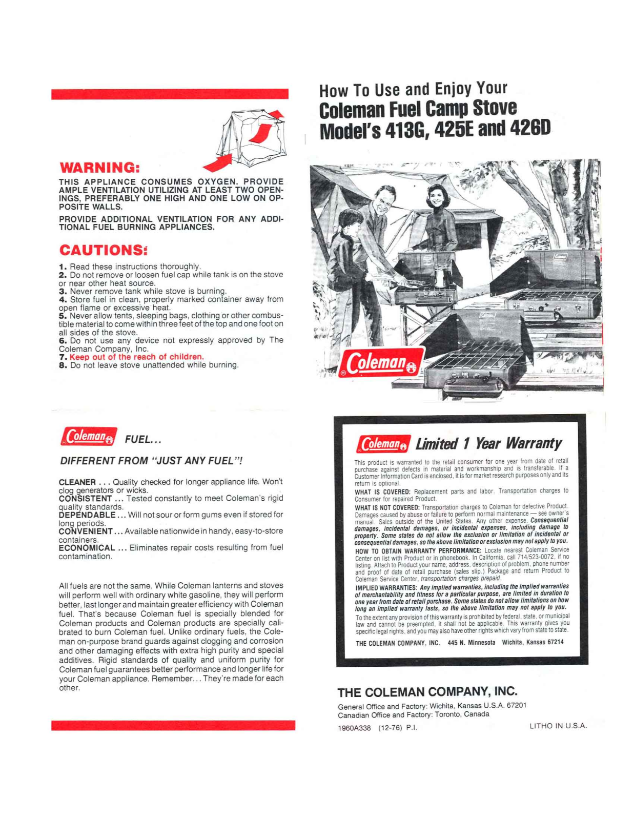 Coleman 425e, 413G, 426D User Manual