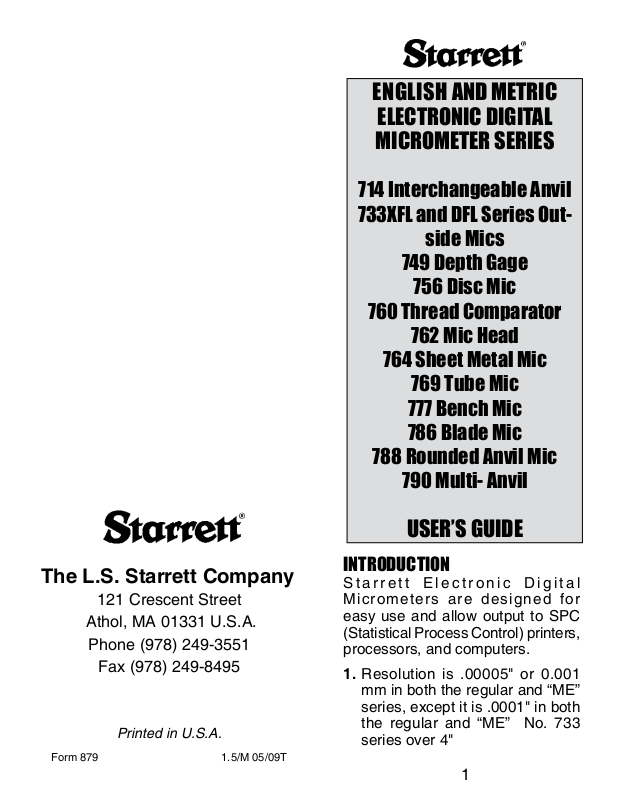 Starrett Electronic Digital Micrometer User Manual