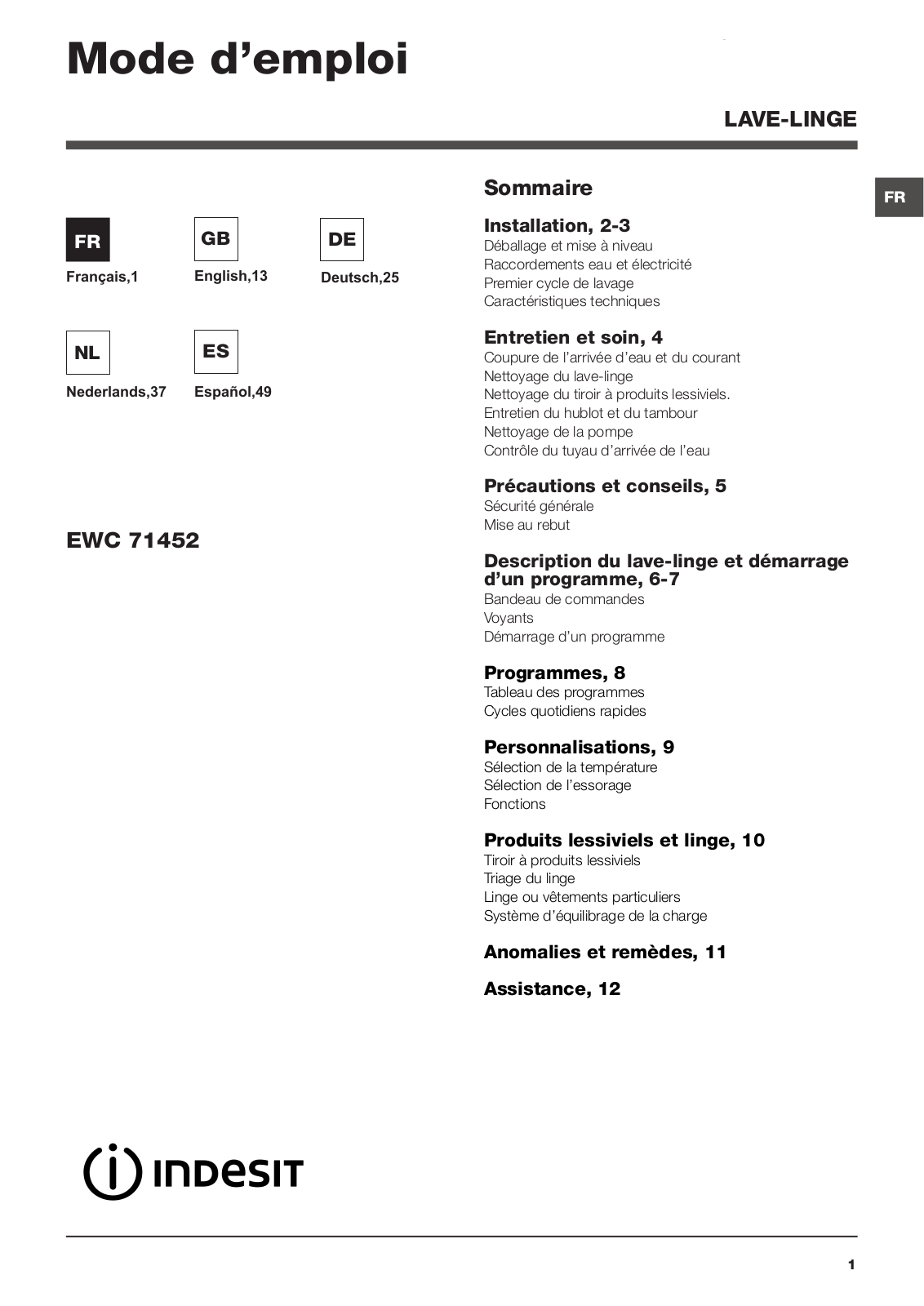 INDESIT EWC71452WEU User Manual