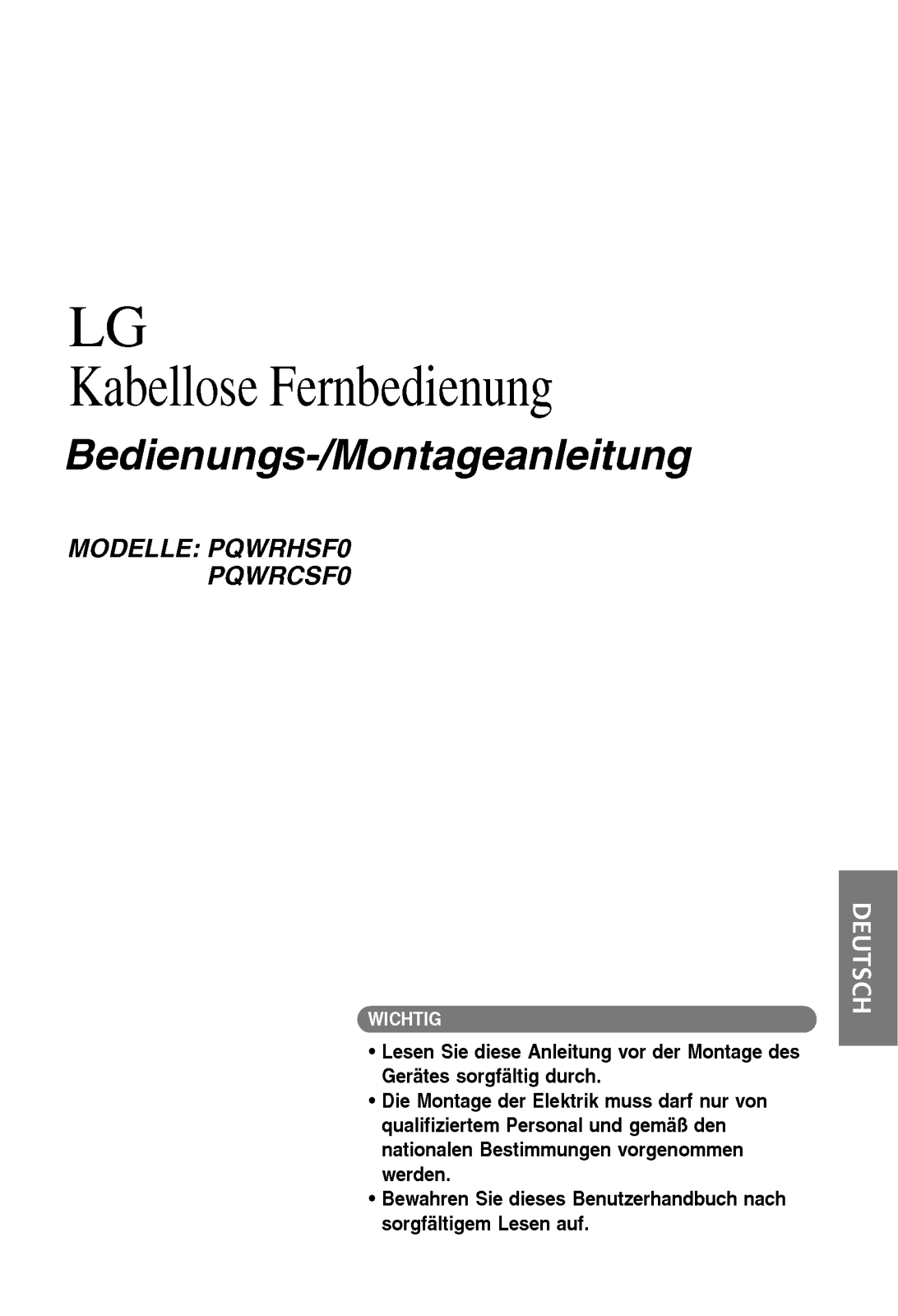 Lg PQWRHSF0, PQWRCSF0 Installation and user Manual