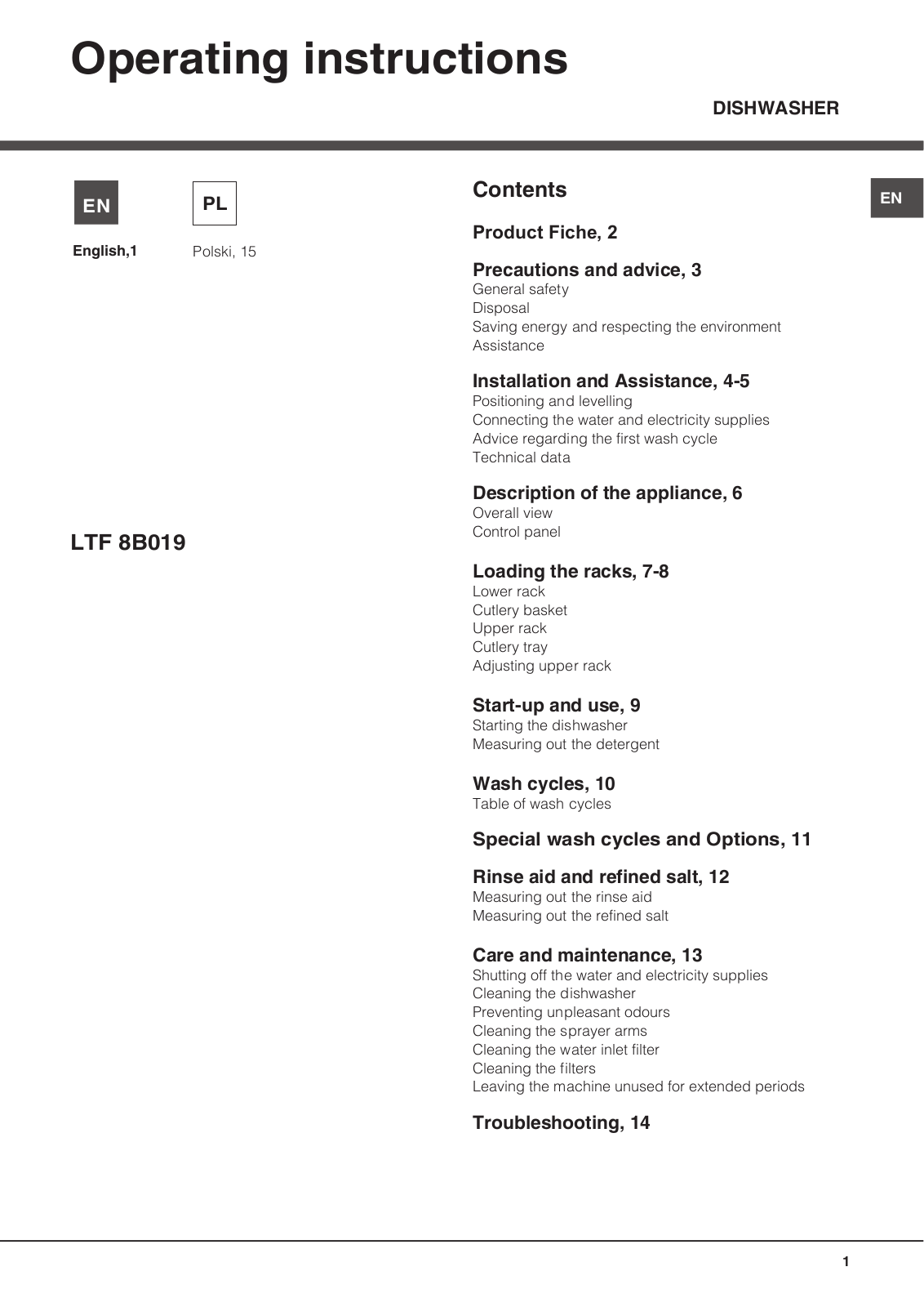 Hotpoint Ariston LTF 8B019 EU User Manual