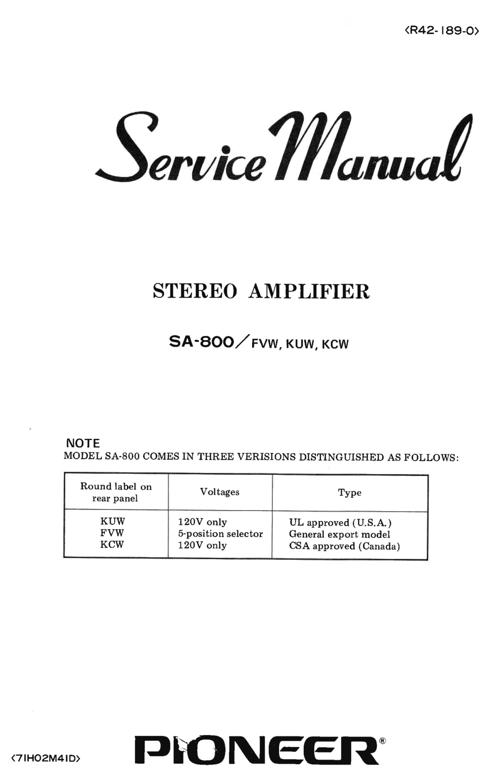 Pioneer SA-800 Service Manual