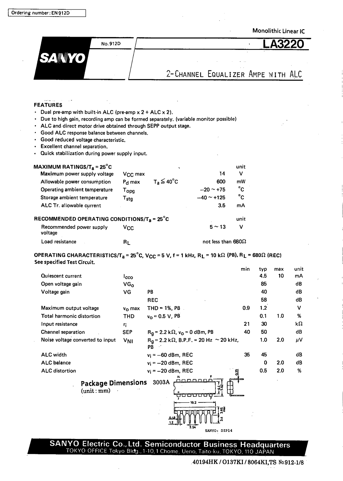 SANYO LA3220 Datasheet