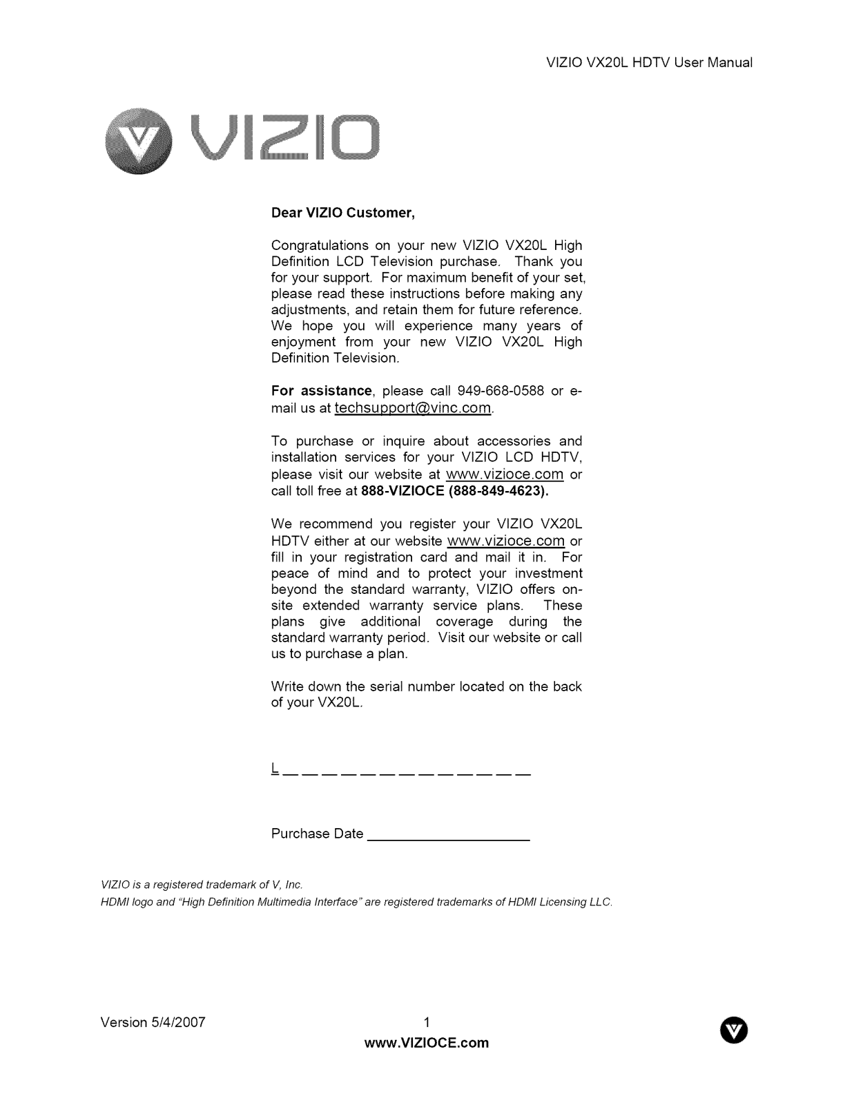 Vizio VX20LHDTV, VX20LHDTV20A Owner’s Manual
