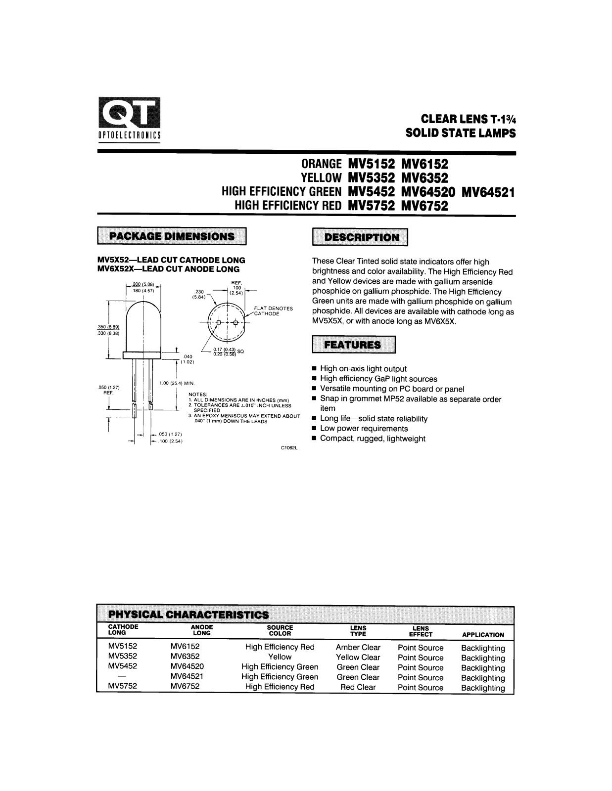 QT MV5152, MV5352, MV5452, MV6352, MV6752 Datasheet