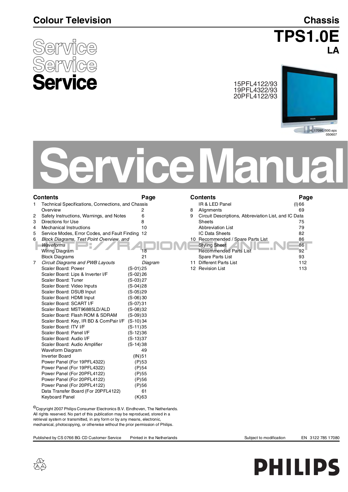 Philips 15PFL4122, 19PFL4322, 20PFL4122 Service manual