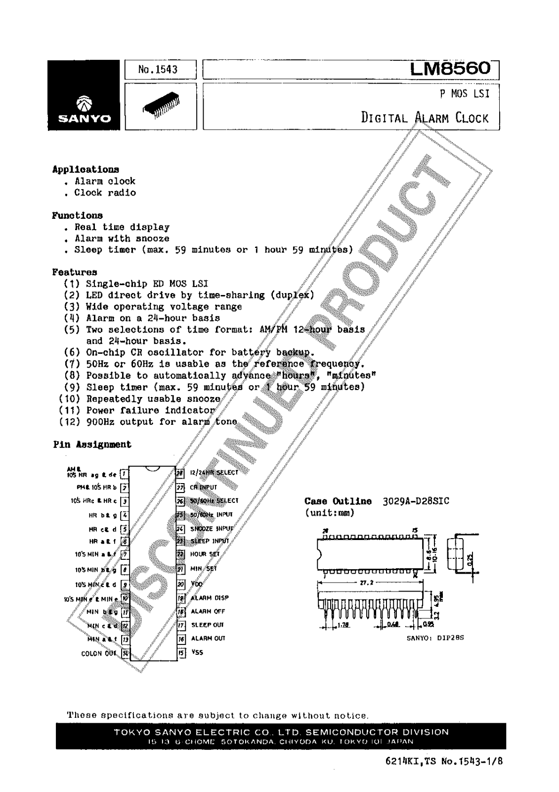 Sanyo LM8560 Specifications