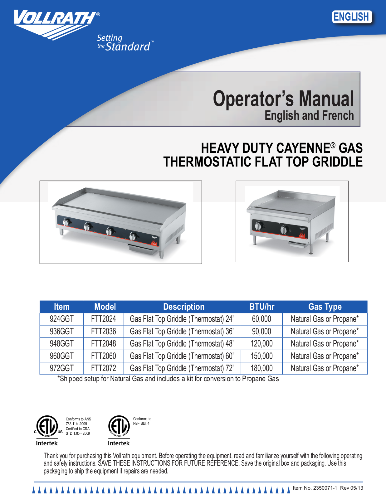 Vollrath FTT2024, FTT2036, FTT2048, FTT2060, FTT2072 Operator's Manual