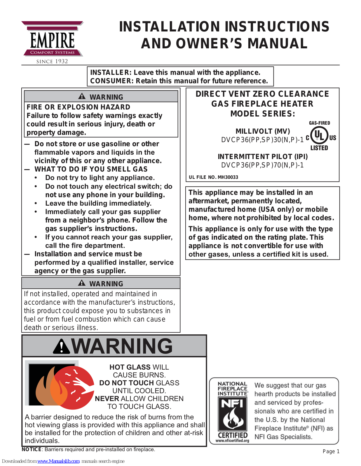 Empire Comfort Systems DVCP36(PP, SP)30(N, P)-1, SP)70(N Installation Instructions And Owner's Manual