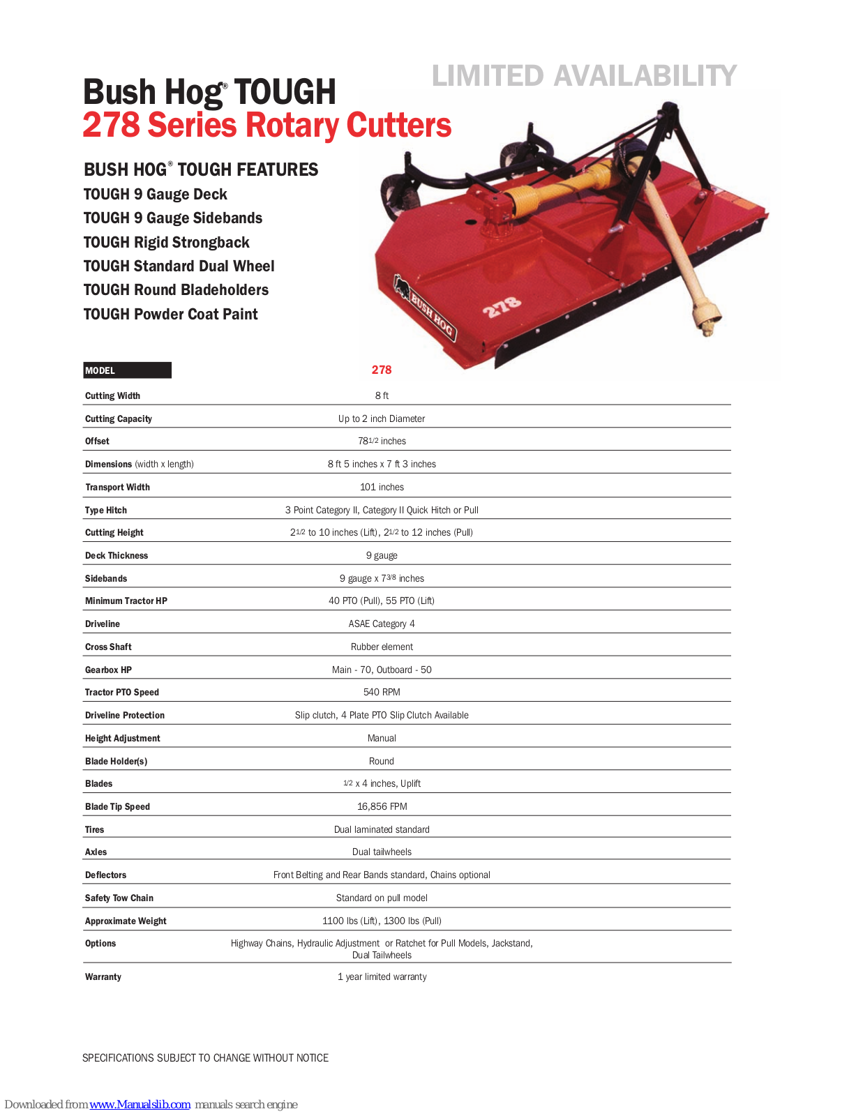 Bush Hog TOUGH 278 Specification Sheet