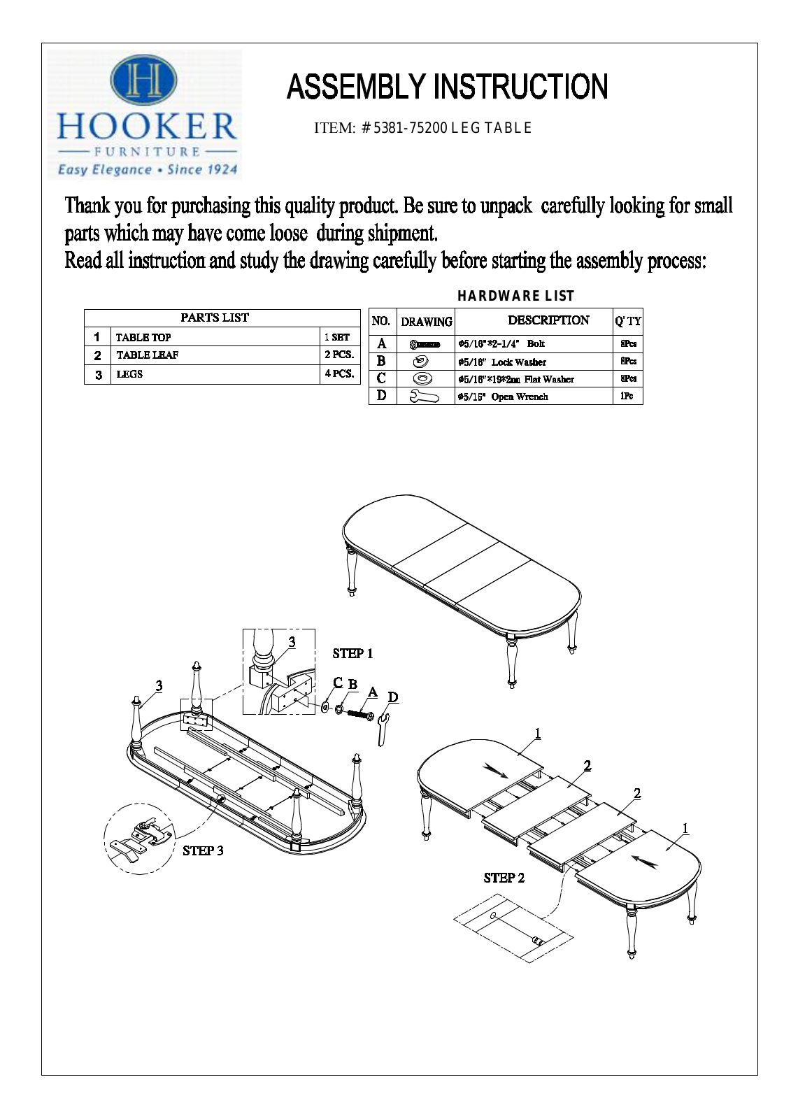 Hooker Furniture 538175200 Assembly Guide