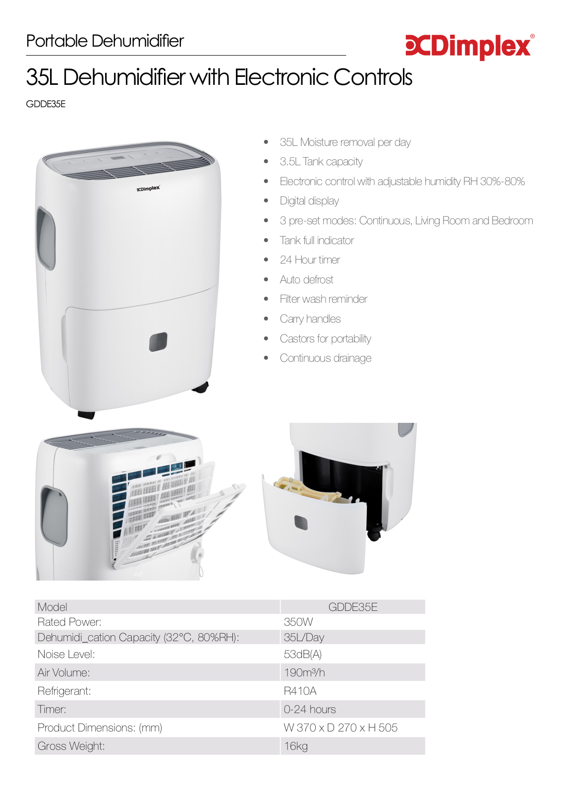 Dimplex GDDE35E Specifications Sheet