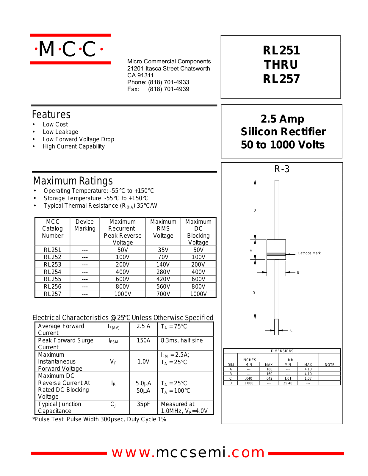 MCC RL251, RL254, RL255, RL252, RL256 Datasheet