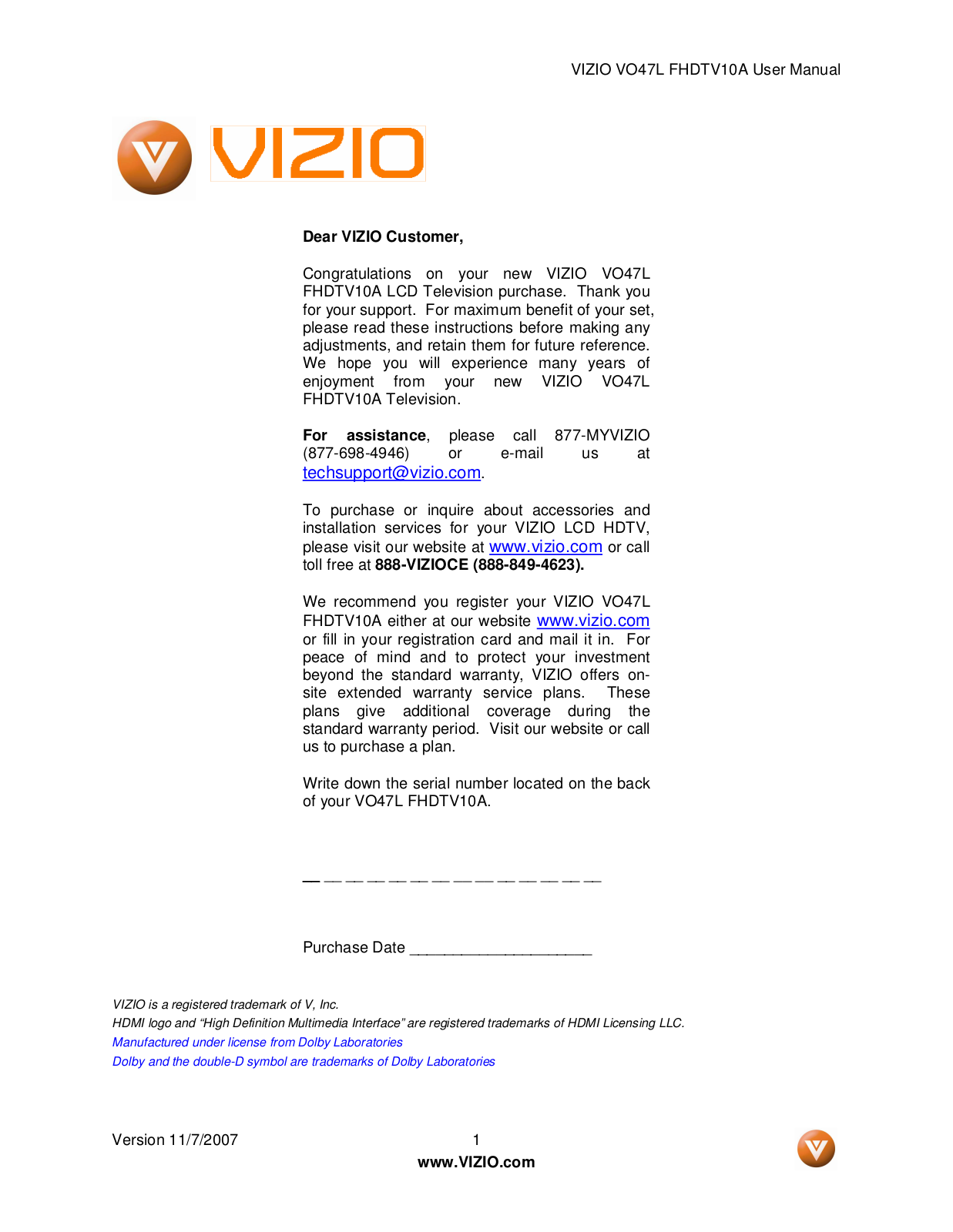 Vizio VO47L User Manual