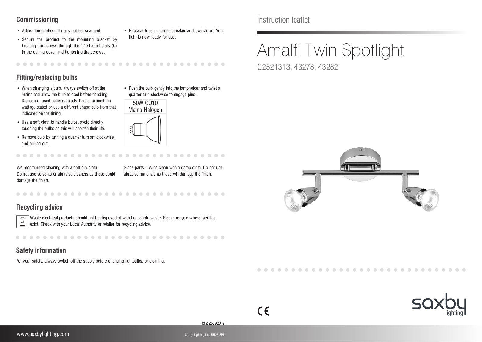 Saxby Lighting G2521313, 43278, 43282 Installation Instructions